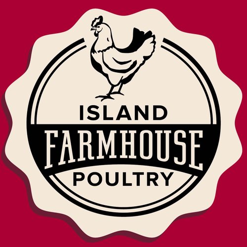 a white circle with black text and a chicken on it